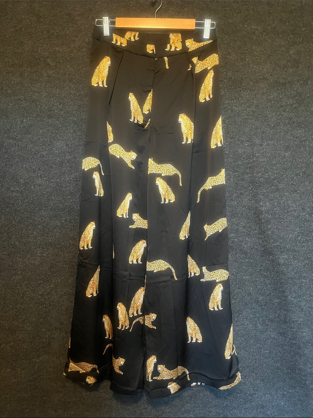 Wide Leg Black Pants with Gold Leopard Print